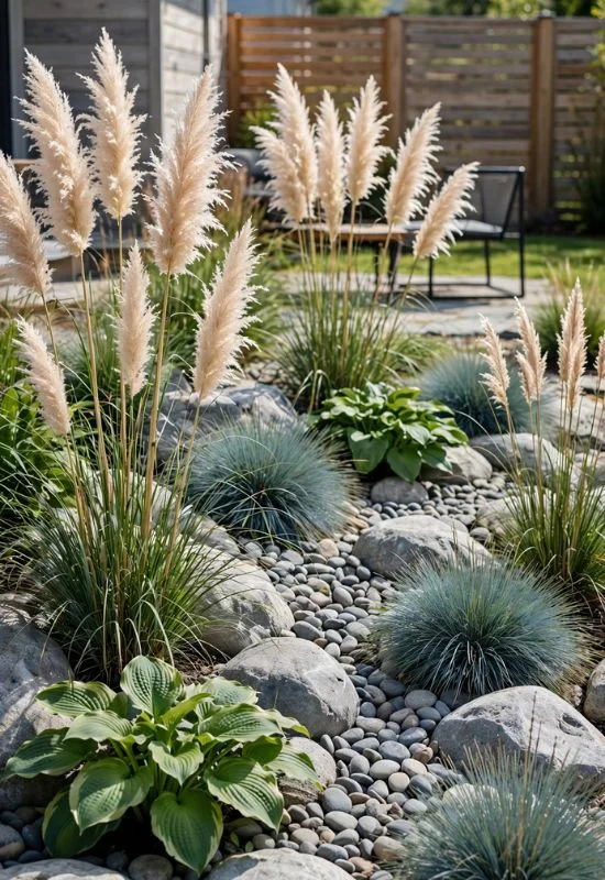 Combine River Rocks With Ornamental Grass